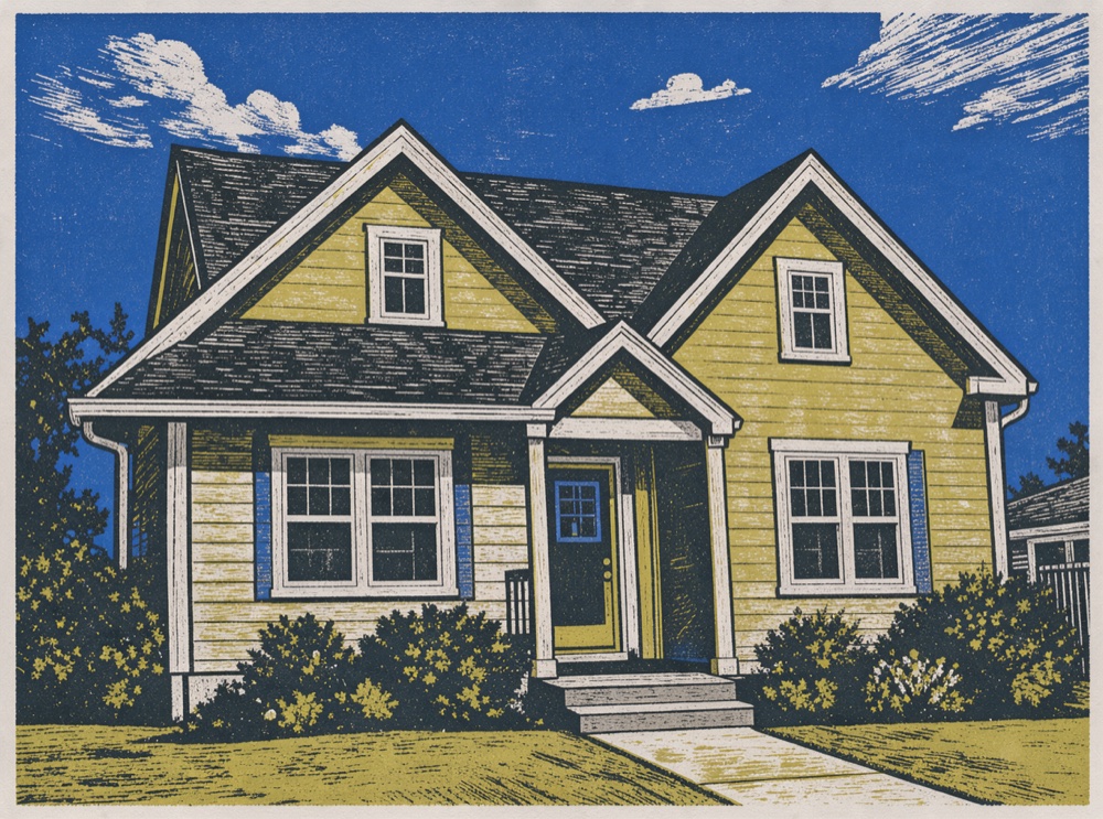 Original screenprint-style illustration of a house, in cobalt and citron