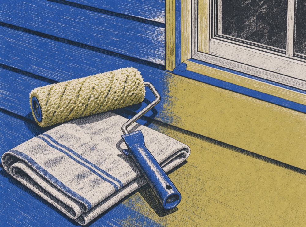 Original illustration of a paint roller and protective cloth